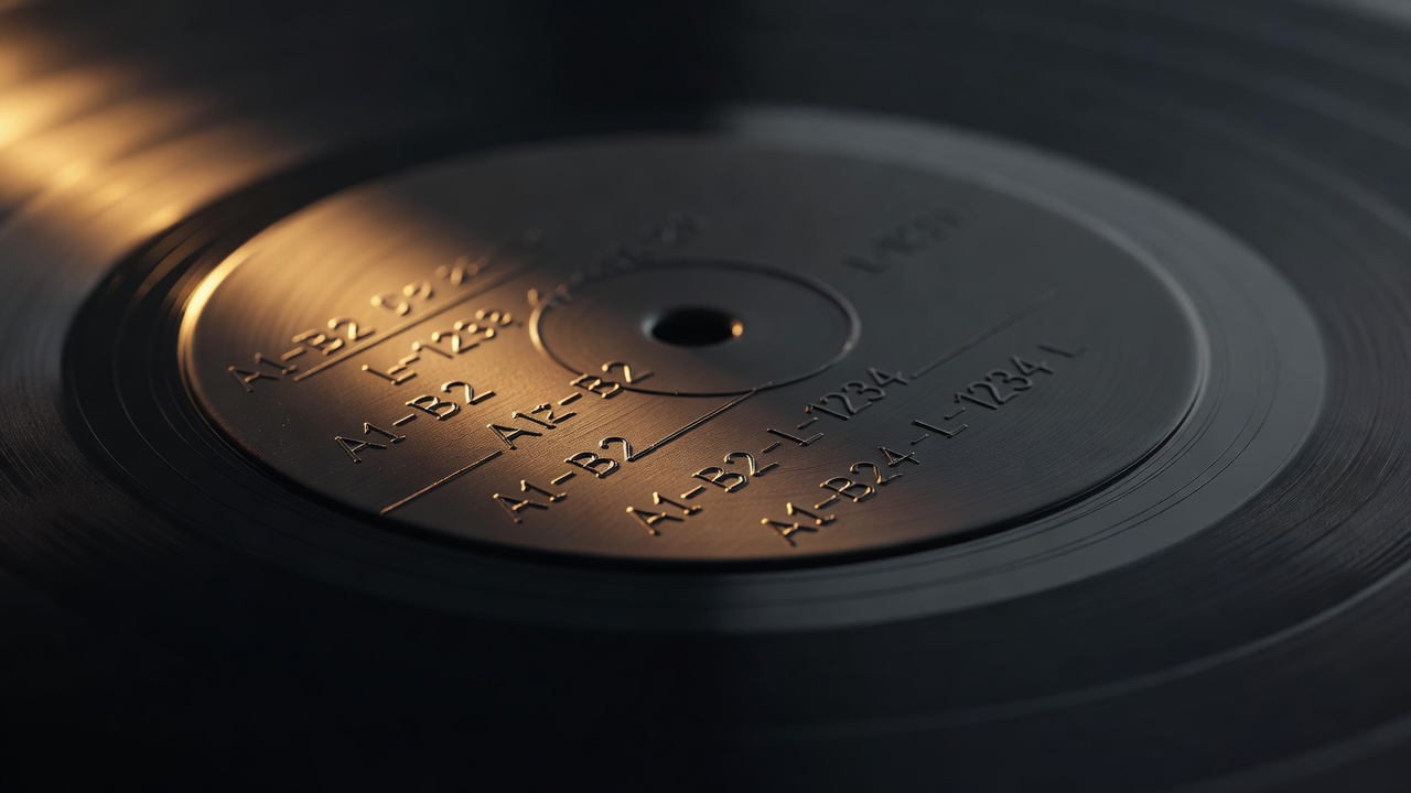 Gros plan sur la zone morte d'un disque vinyle montrant des inscriptions de matrice gravées à la main, éclairées par une lumière rasante ambrée